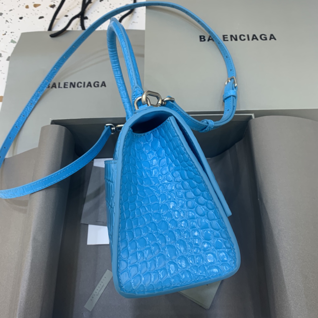 Balenciaga Hourglass Small Handbag Crocodile Embossed Shoulder Bag Light Blue